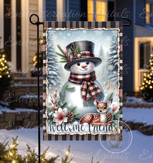 WINTER SNOWMAN WITH BABY DEER GARDEN FLAG