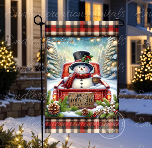 WINTER SNOWMAN IN RED TRUCK GARDEN FLAG