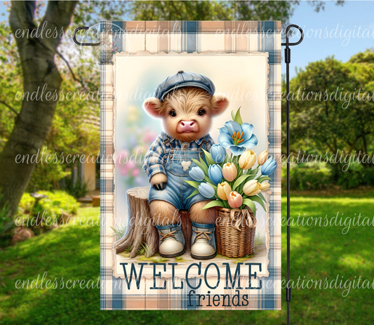 WELCOME SPRING HIGHLAND COW GARDEN FLAG