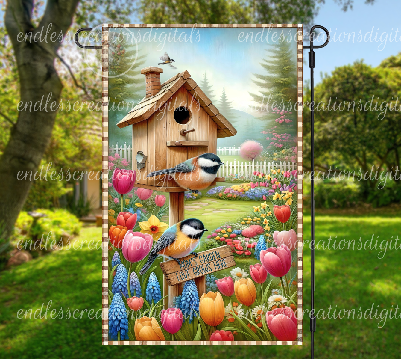 LOVE GROWS HERE GARDEN FLAG