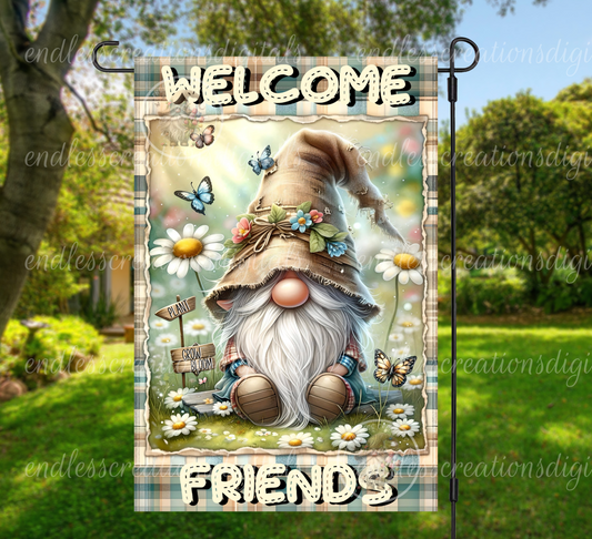 WELCOME FRIENDS FLORAL GNOME GARDEN FLAG