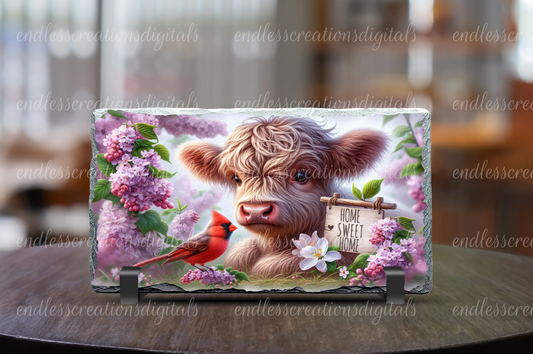 SPRING FLORAL HIGHLAND COW 12 X 6 WIDE RECTANGLE