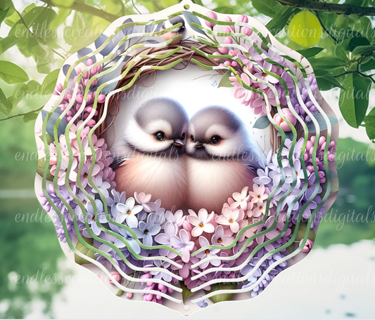 SPRING LILAC CHICKADEES ROUND WIND SPINNER