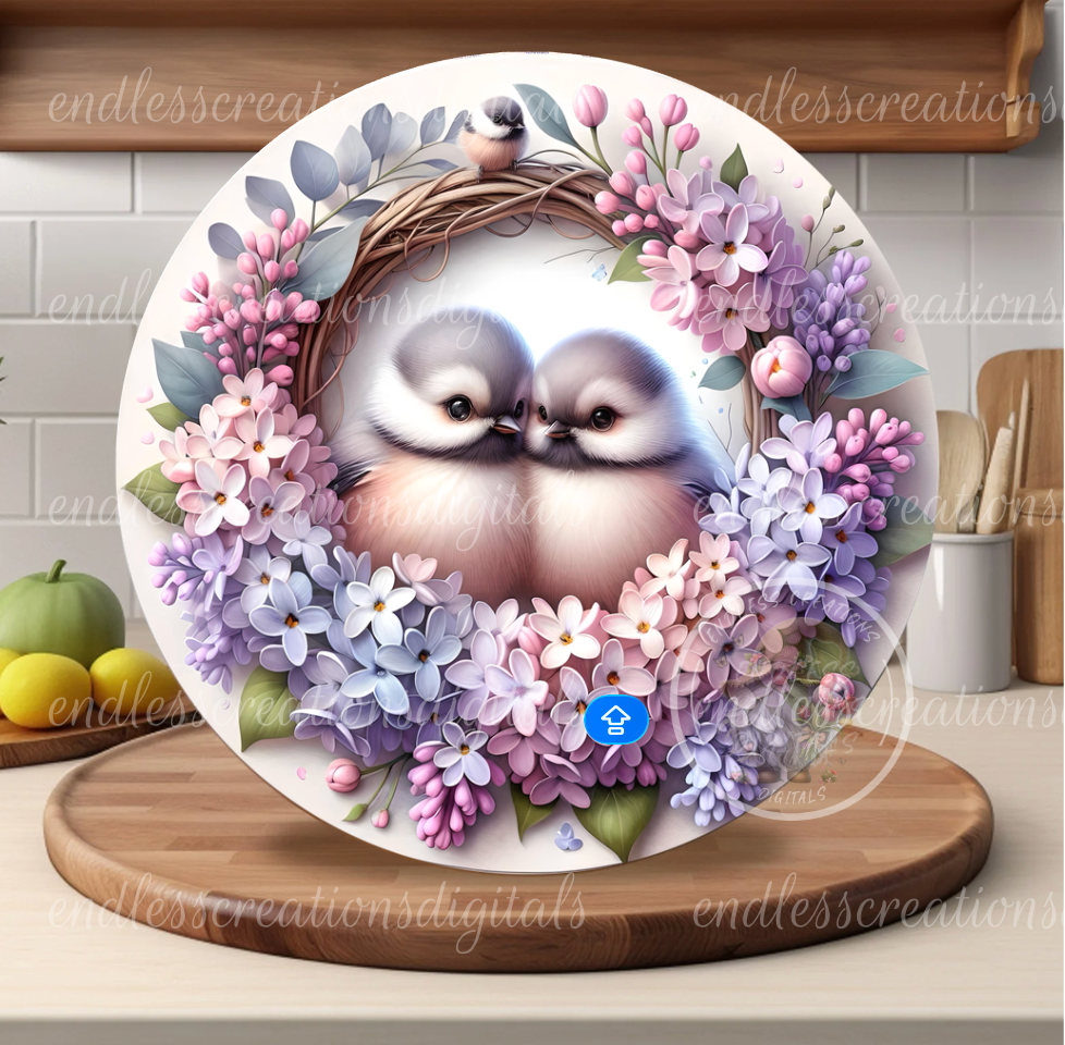 SPRING LILAC CHICKADEES ROUND WIND SPINNER