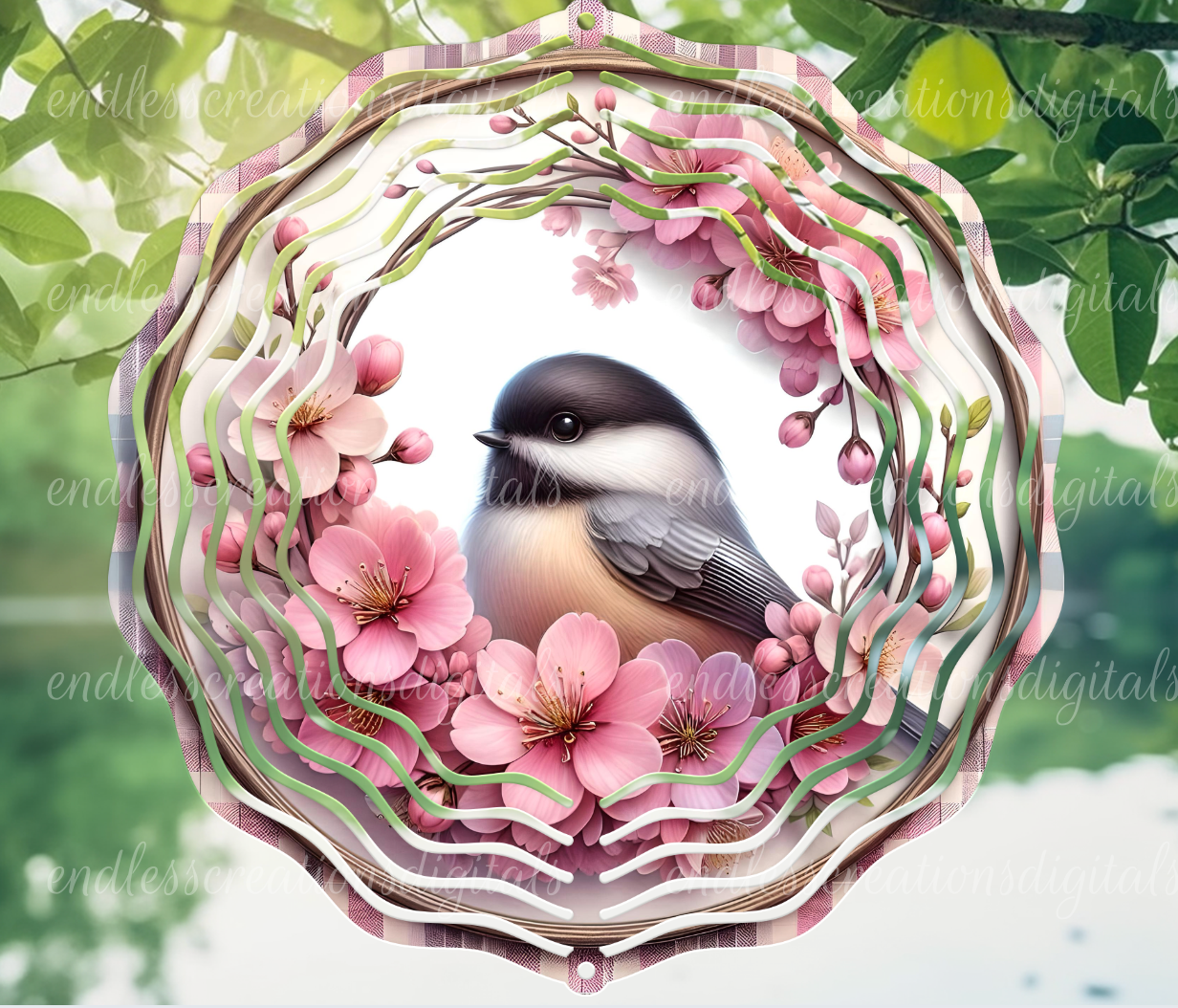 SPRING CHERRY BLOSSOMS CHICKADEE ROUND WIND SPINNER