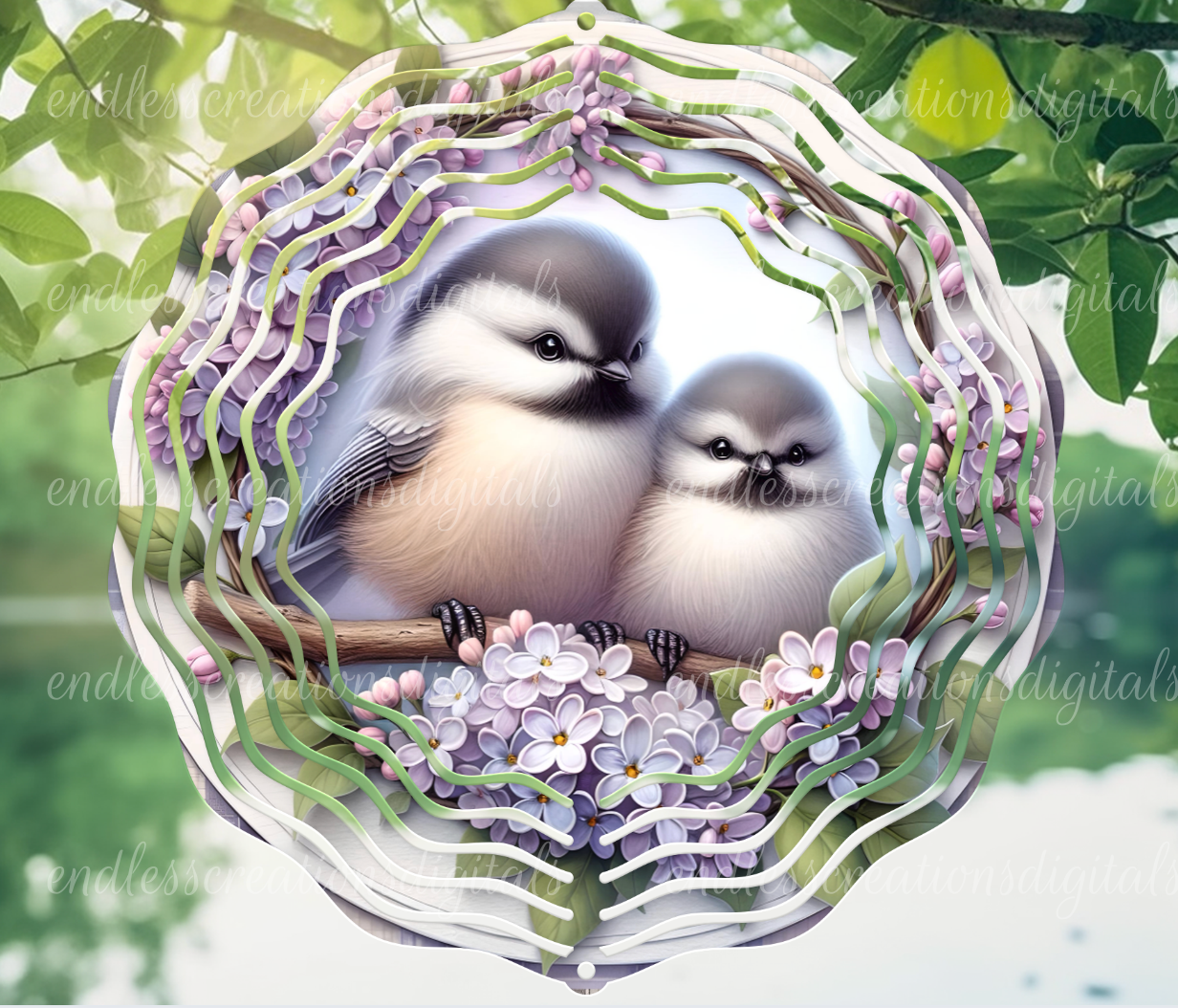 SPRING BABY CHICKADEES ROUND WIND SPINNER