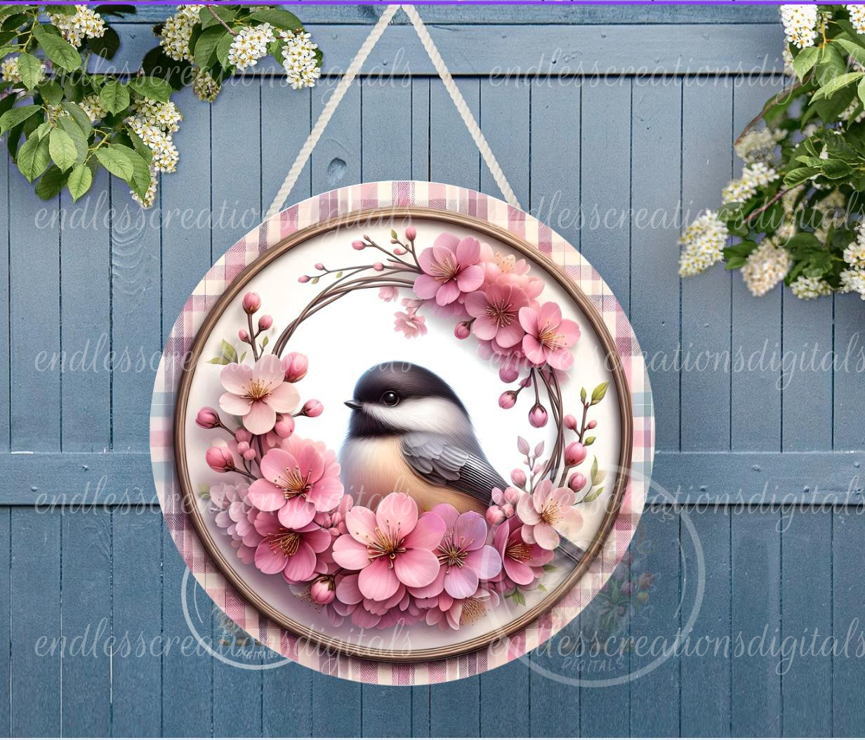 SPRING CHERRY BLOSSOMS CHICKADEE ROUND WIND SPINNER
