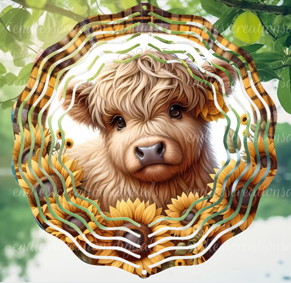 SUMMER SUNFLOWER HIGHLAND COW ROUND WIND SPINNER