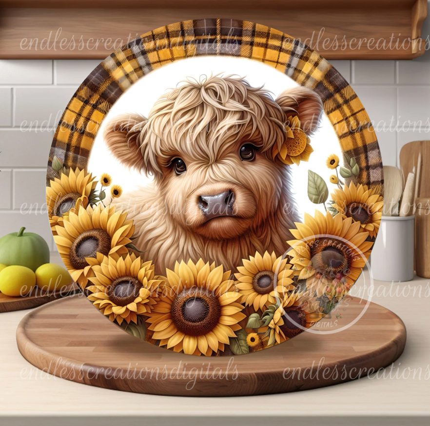 SUMMER SUNFLOWER HIGHLAND COW ROUND WIND SPINNER