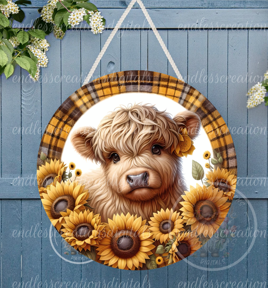 SUMMER SUNFLOWER HIGHLAND COW ROUND WIND SPINNER