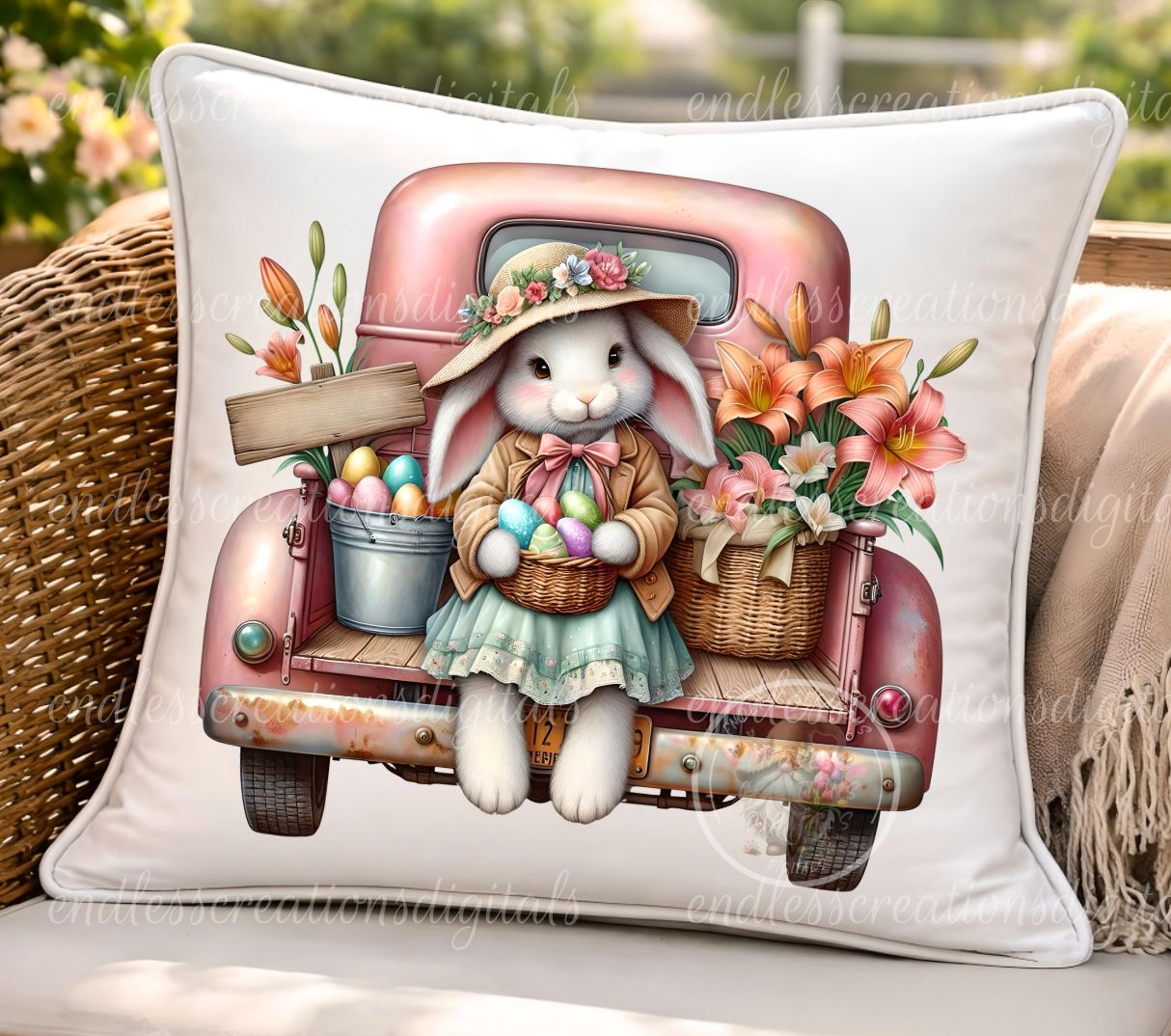 PINK VINTAGE OLD TRUCK BUNNY EASTER