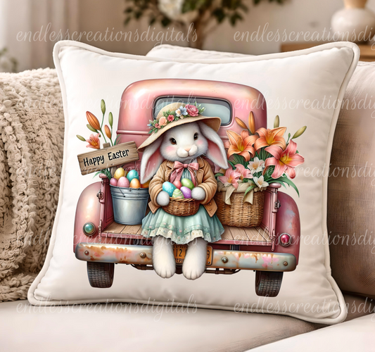 PINK VINTAGE OLD TRUCK BUNNY EASTER