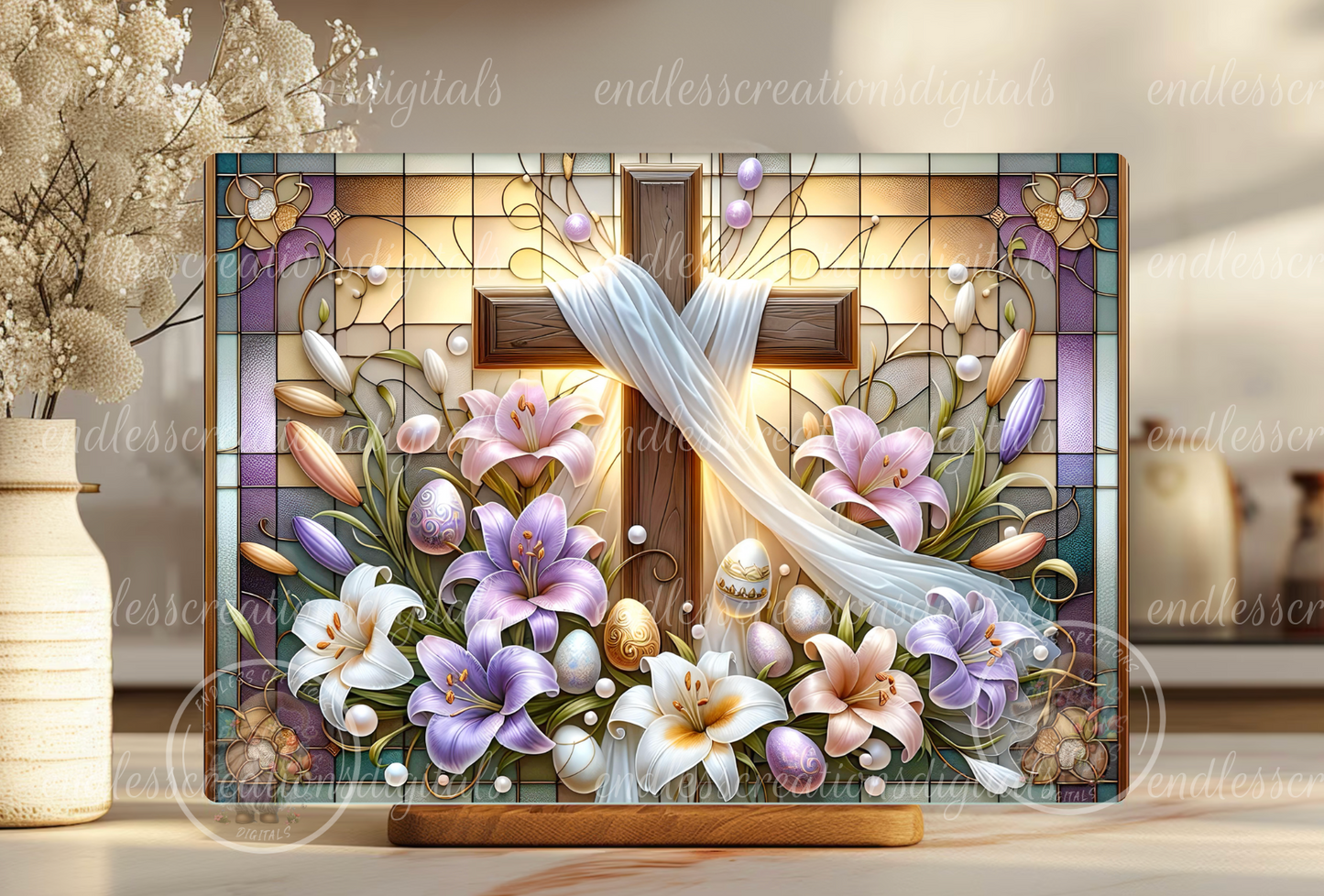 STAINED GLASS EASTER FLORAL CROSS