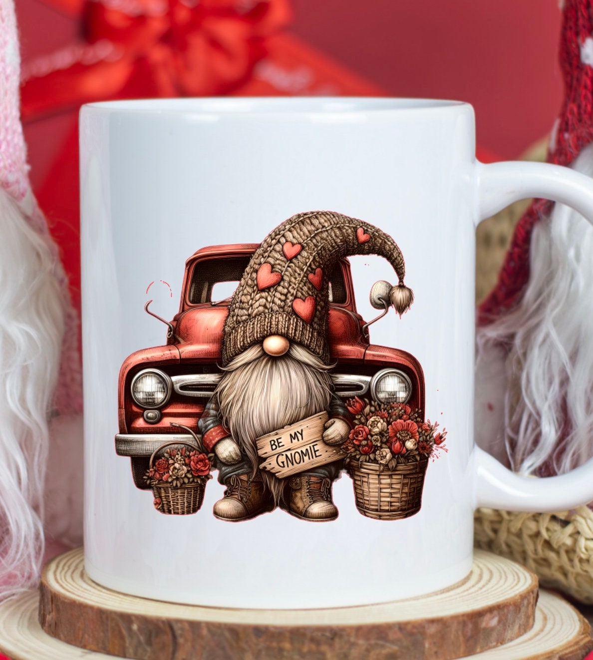 Be my Gnome Valentines Red Truck png files for sublimation high resolution.  4 files in set.  round, full image, transparent 1 add your own text