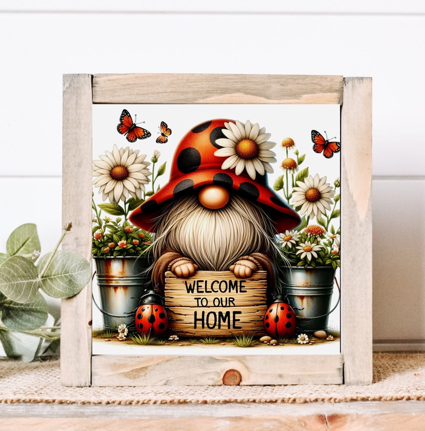 LADYBUG GNOME DOOR hanger, wreaths sign,  high resolution 3 files for download and use on aluminum rounds, pillow, mugs etc