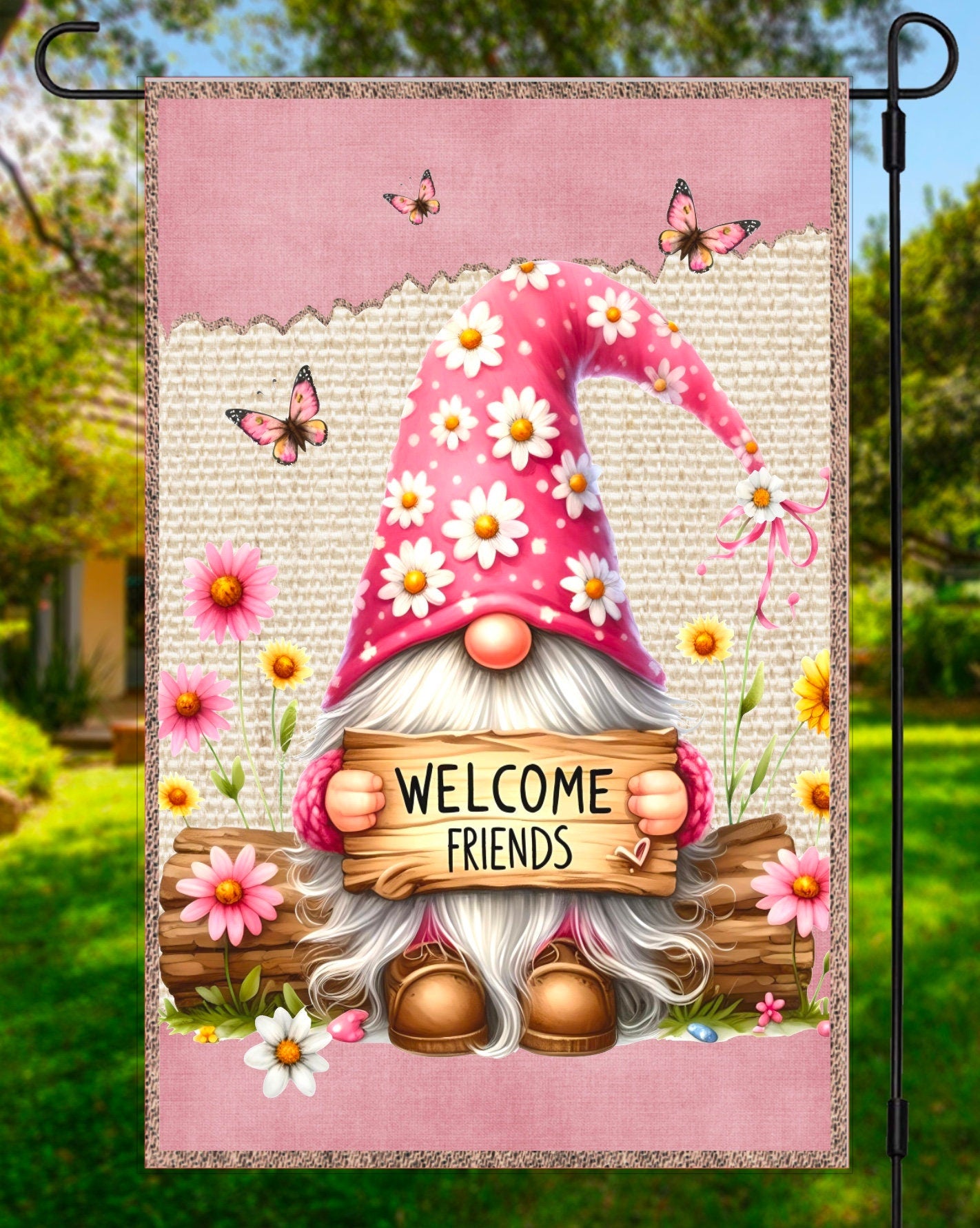 PINK GNOME GARDEN flag 12 x 18 high quality digital png for sublimation