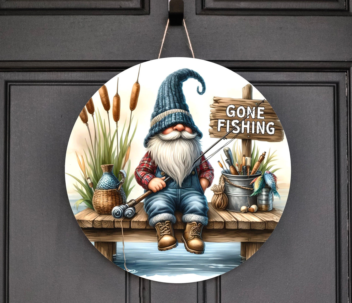 FISHING GNOME PNG 3 digital files included including 1 round and 1 transparent.  high quality 300 dpi great for mugs, hanging door rounds