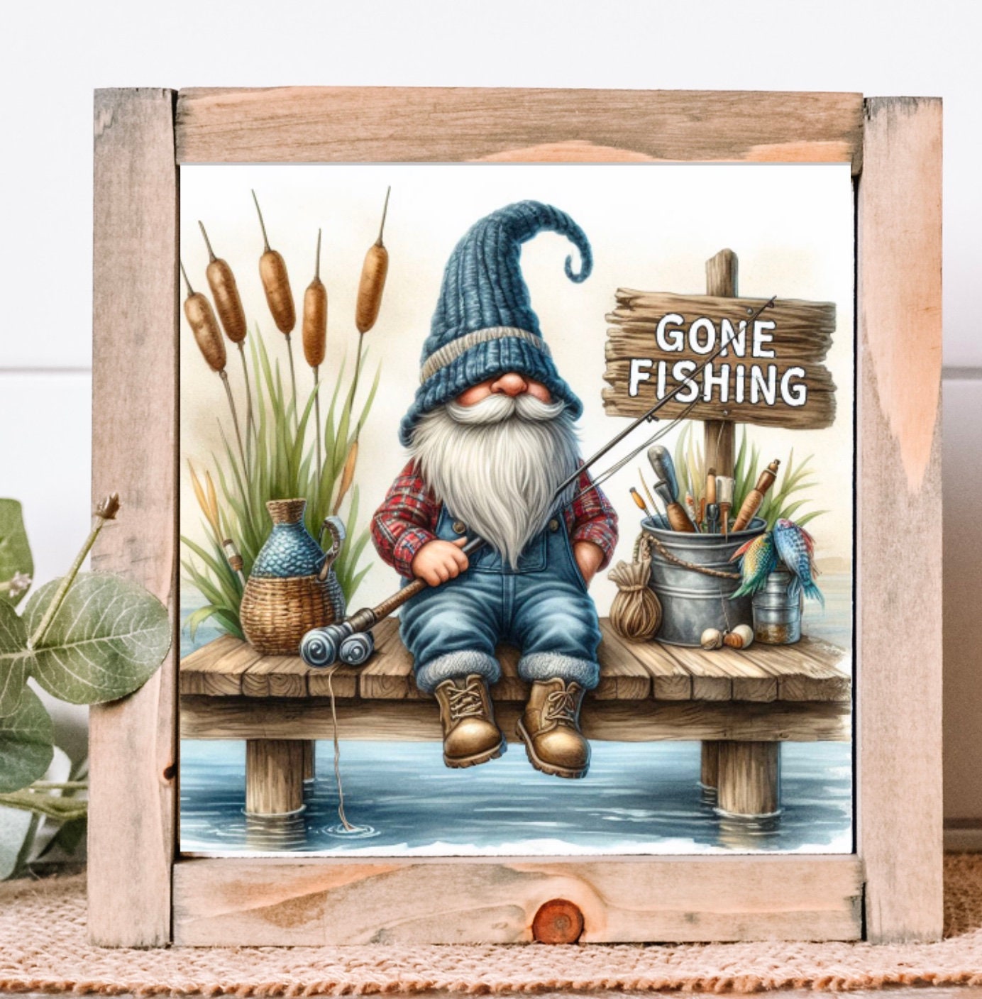 FISHING GNOME PNG 3 digital files included including 1 round and 1 transparent.  high quality 300 dpi great for mugs, hanging door rounds