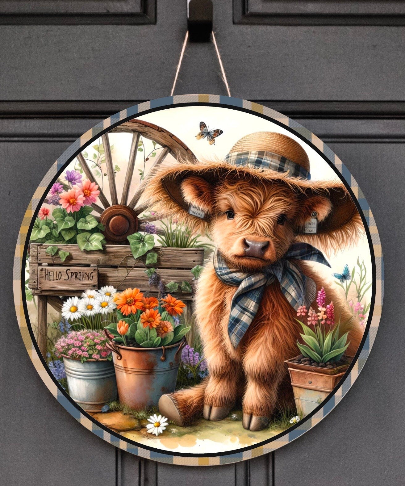 SPRING HIGHLAND COW round door png, for sublimation high resolution can be used for a wreath sign 2 files included for download