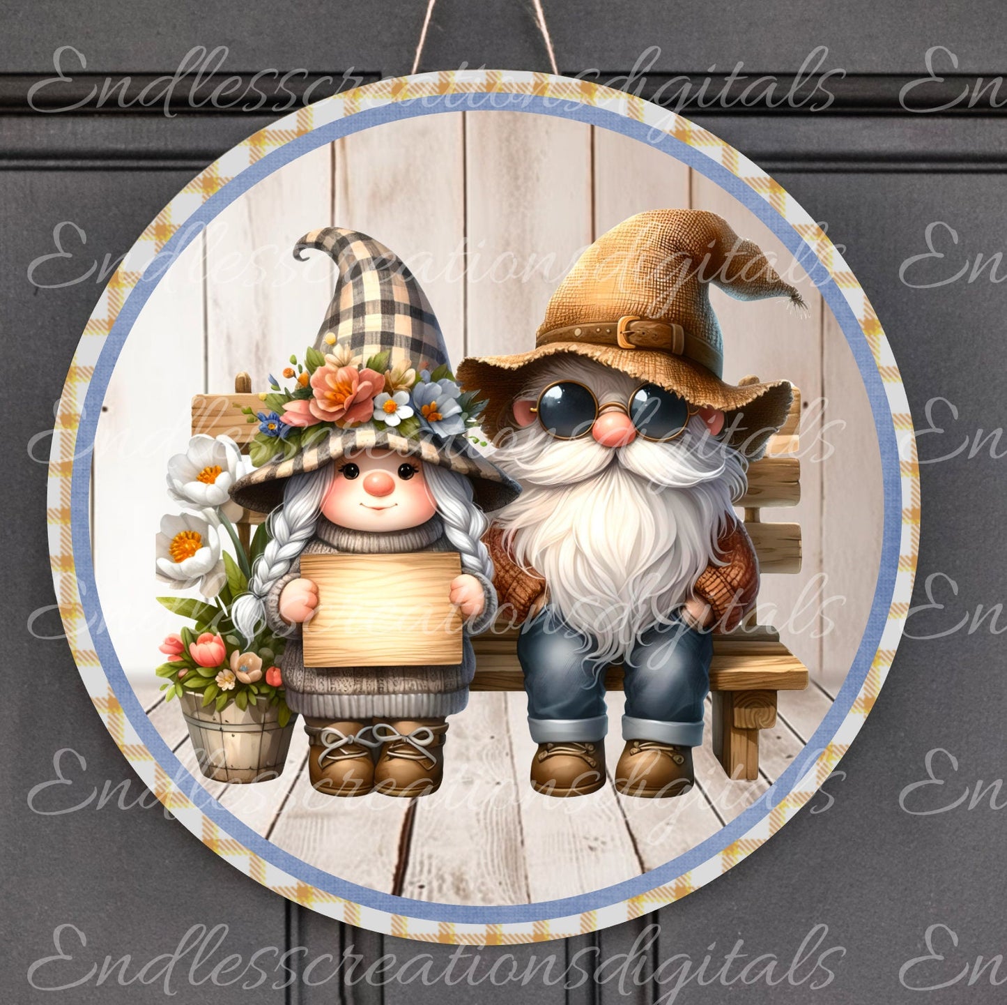 GNOME COUPLE ROUND, door hanger, wreath sign , transparent file for pillows, mugs etc, high resolution 300 dpi 2 digital files for download