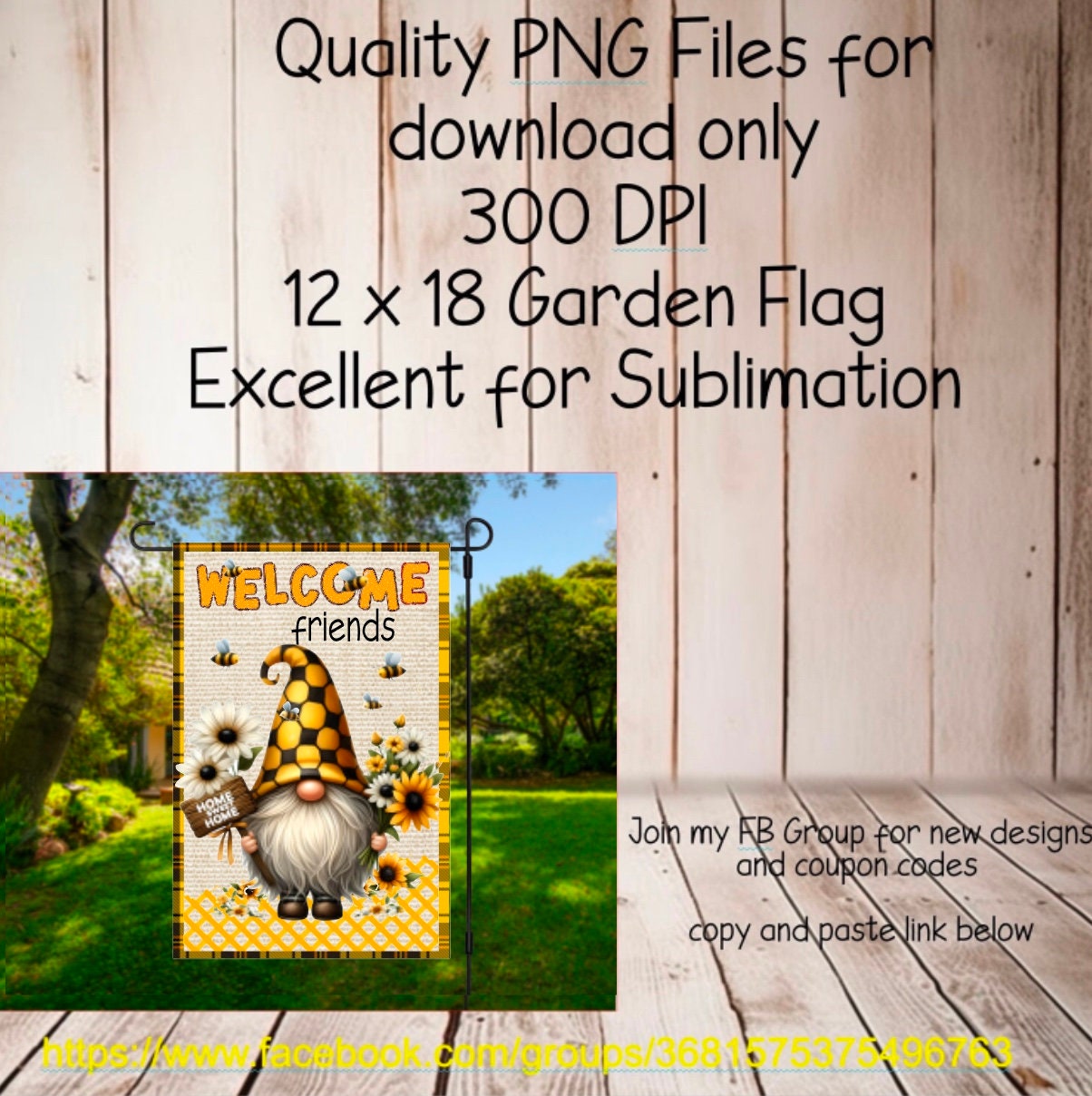 BEE GNOME GARDEN flag 12 x 18 high quality digital png for sublimation