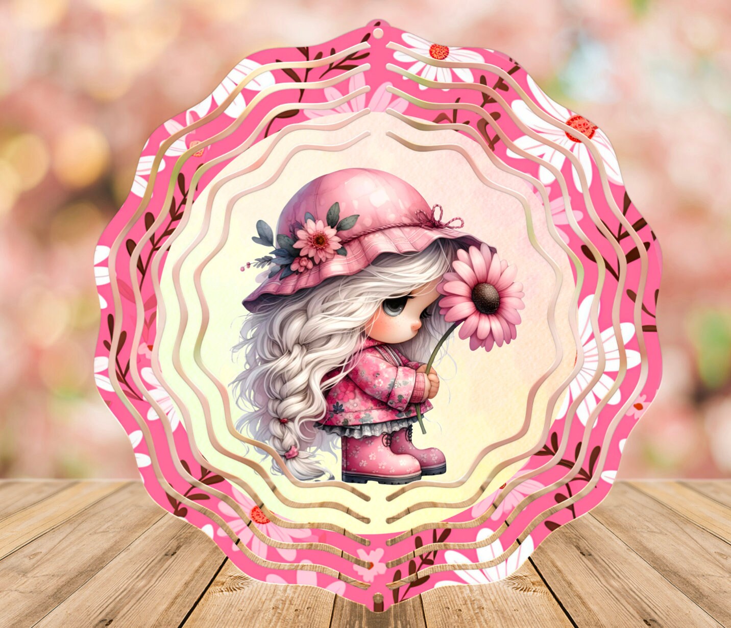 PINK DAISY GNOME wind spinner sublimation 2 files, girl gnome for one side and boy gnome for opposite side