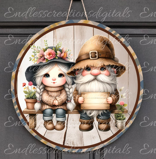 GNOME COUPLE ROUND, door hanger, wreath sign , transparent file for pillows, mugs etc, high resolution 300 dpi 2 digital files for download