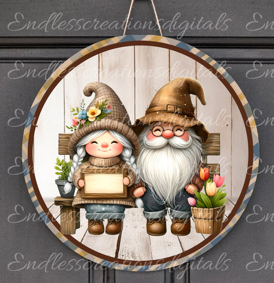 GNOME COUPLE ROUND, door hanger, wreath sign , transparent file for pillows, mugs etc, high resolution 300 dpi 2 digital files for download