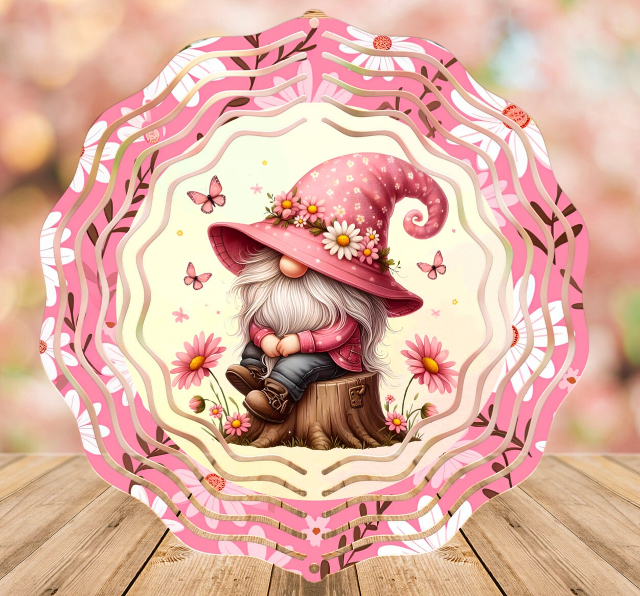 PINK DAISY GNOME wind spinner sublimation 2 files, girl gnome for one side and boy gnome for opposite side