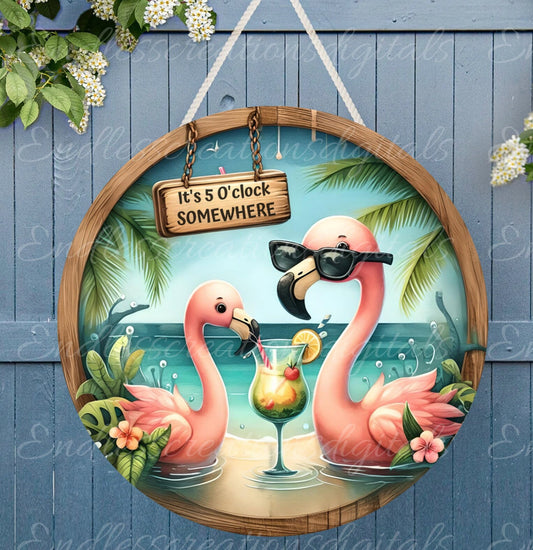 TROPICAL FLAMINGOS SUBLIMATION door hanger, wreath sign png, for sublimation high resolution 2 files, 1 add your own text