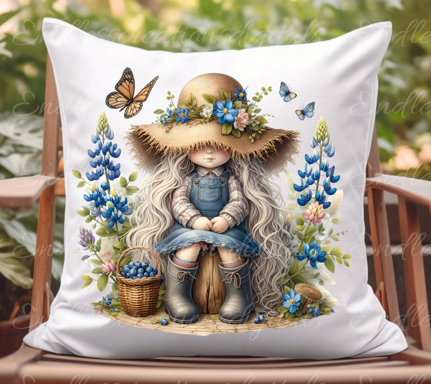 GIRL GNOME FLORAL sublimation package of 5 high definition 300png, transparent, for use on pillows, tea towels, mugs etc