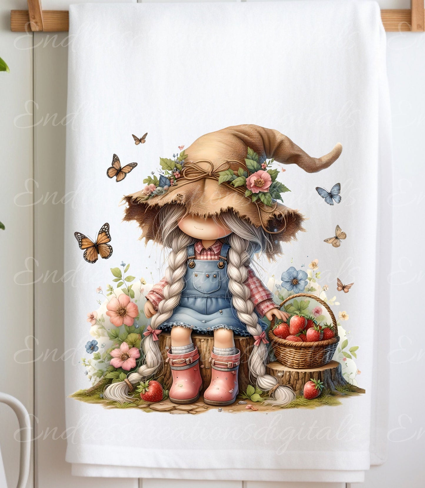 GIRL GNOME FLORAL sublimation package of 5 high definition 300png, transparent, for use on pillows, tea towels, mugs etc