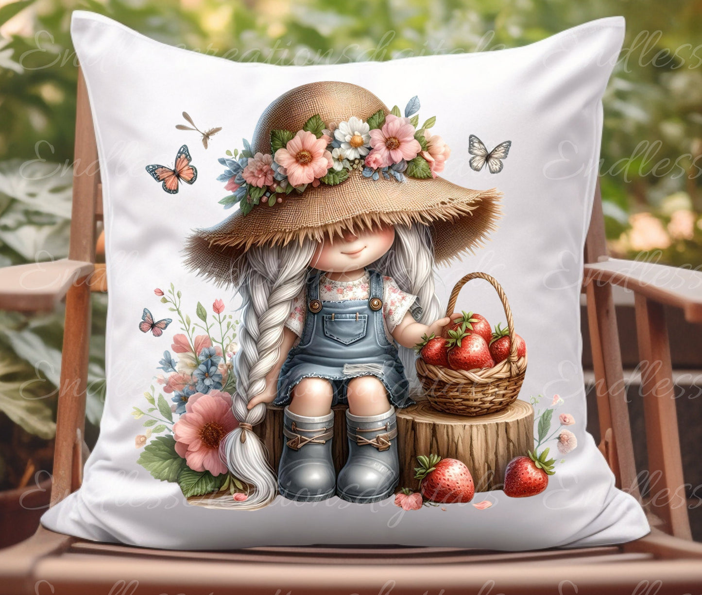 GIRL GNOME FLORAL sublimation package of 5 high definition 300png, transparent, for use on pillows, tea towels, mugs etc