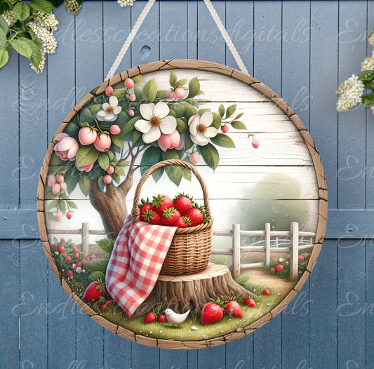 STRAWBERRY BASKET door hanger, wreath sign png, round cutting board for sublimation high resolution