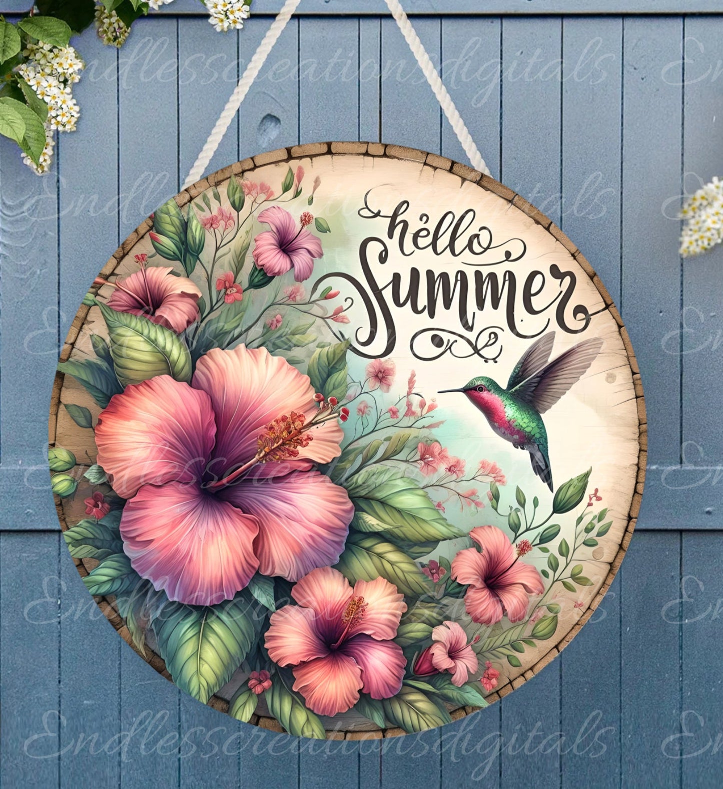 HELLO SUMMER DOOR hanger, wreath sign, round cutting board png, for sublimation high resolution,2 files for download, 1 add your own text