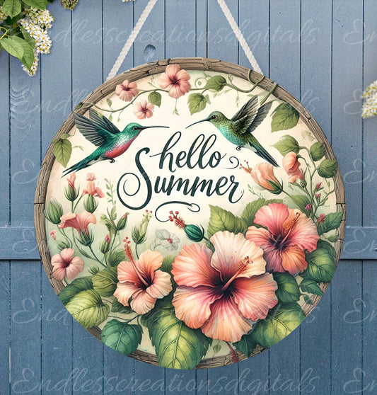 HELLO SUMMER DOOR hanger, wreath sign, round cutting board png, for sublimation high resolution,