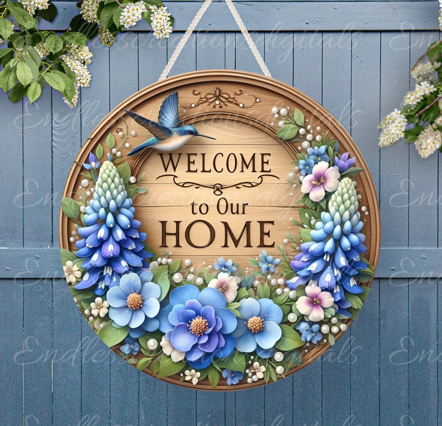 WELCOME BLUEBONNET SUMMER DOOR hanger, wreath sign png, for sublimation high resolution, 2 files for download with 1 blank for your own text