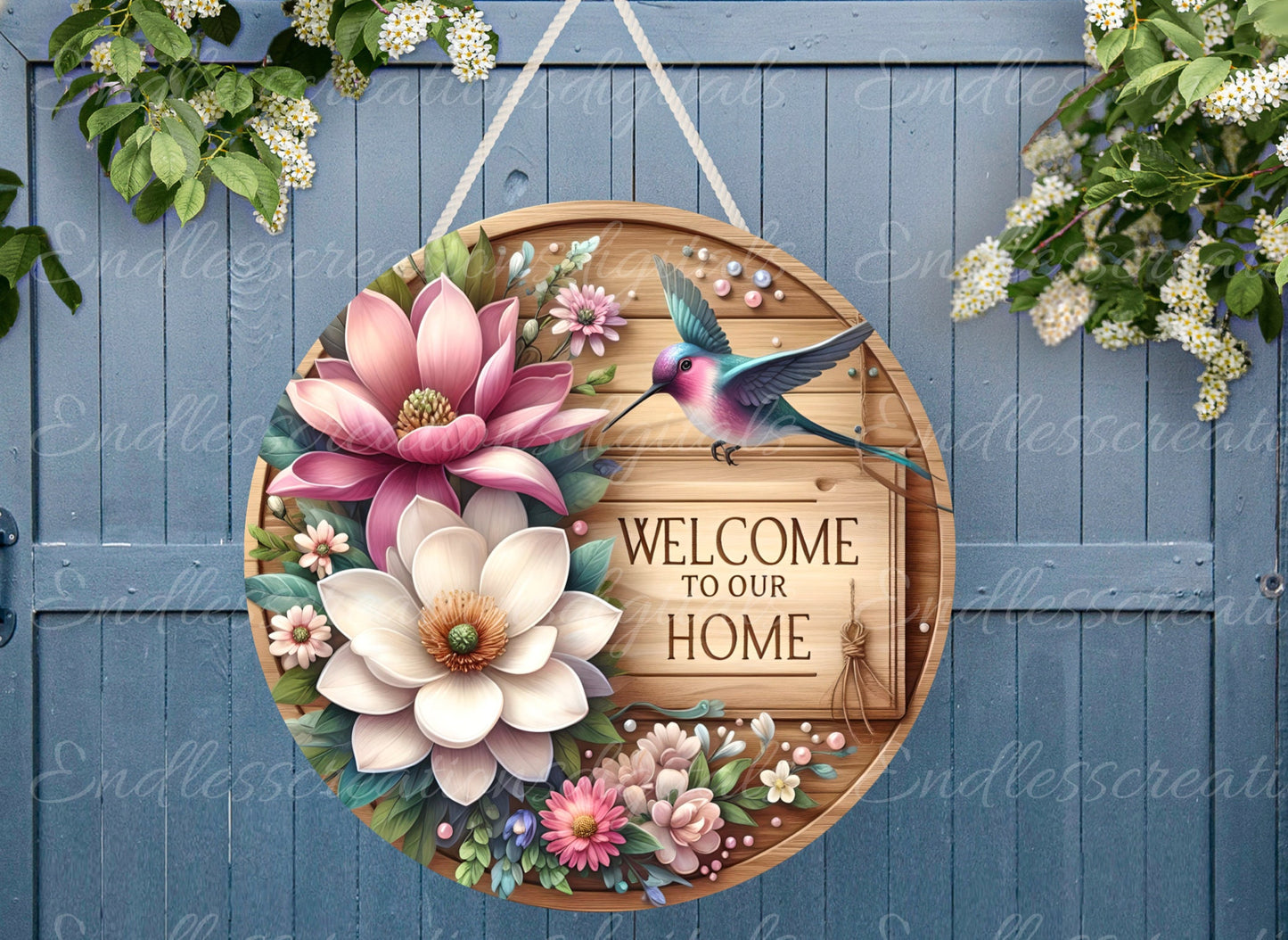 WELCOME SPRING MAGNOLIA DOOR hanger, wreath sign png, for sublimation high resolution, 2 files for download, 1 add your own text