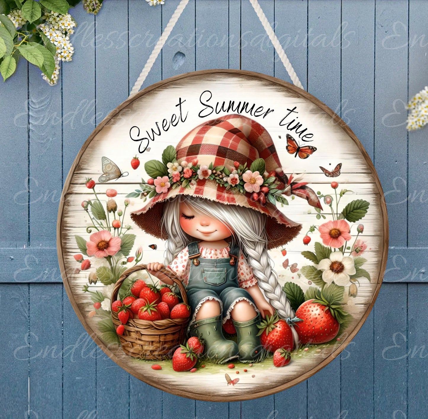 STRAWBERRY GIRL gnome door hanger, wreath sign png, round cutting board for sublimation high resolution 2 files one blank no text