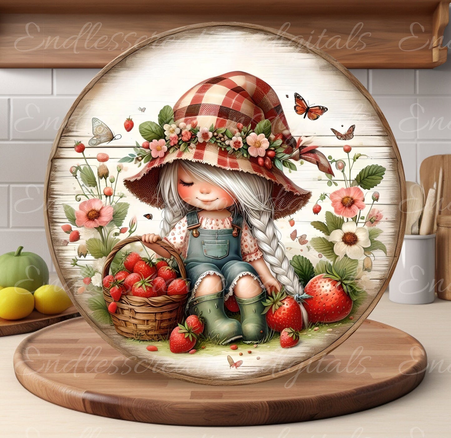 STRAWBERRY GIRL gnome door hanger, wreath sign png, round cutting board for sublimation high resolution 2 files one blank no text
