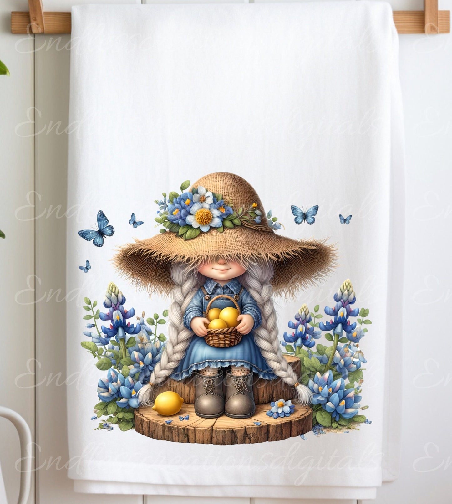 GIRL GNOME FLORAL sublimation package of 5 high definition 300png, transparent, for use on pillows, tea towels, mugs etc