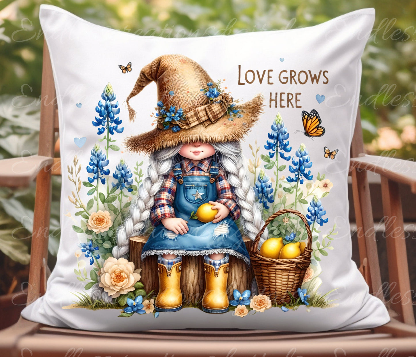 GIRL GNOME FLORAL sublimation package of 5 high definition 300png, transparent, for use on pillows, tea towels, mugs etc