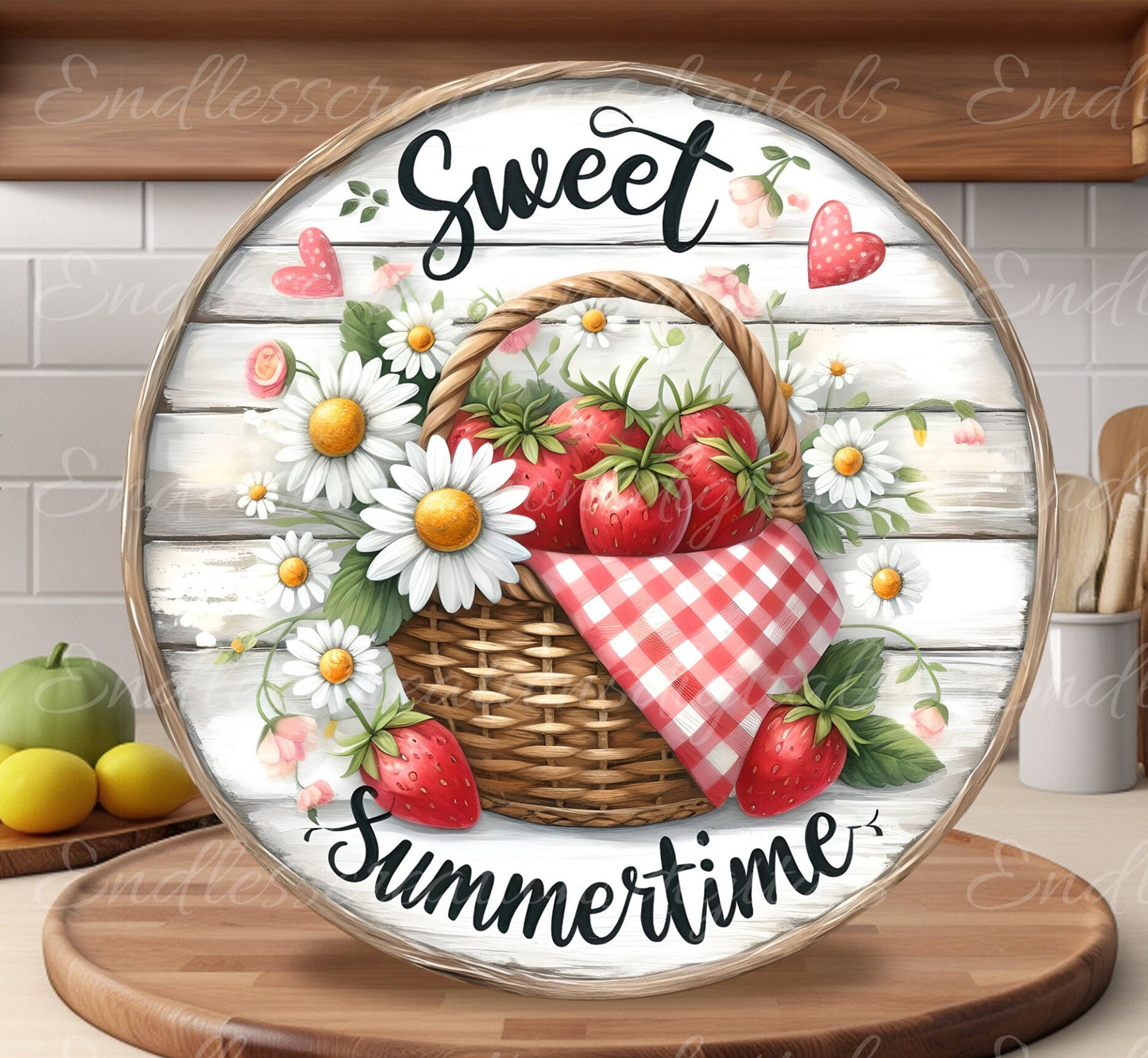 STRAWBERRY BASKET door hanger, wreath sign png, round cutting board for sublimation high resolution, 2 files one blank add your own text