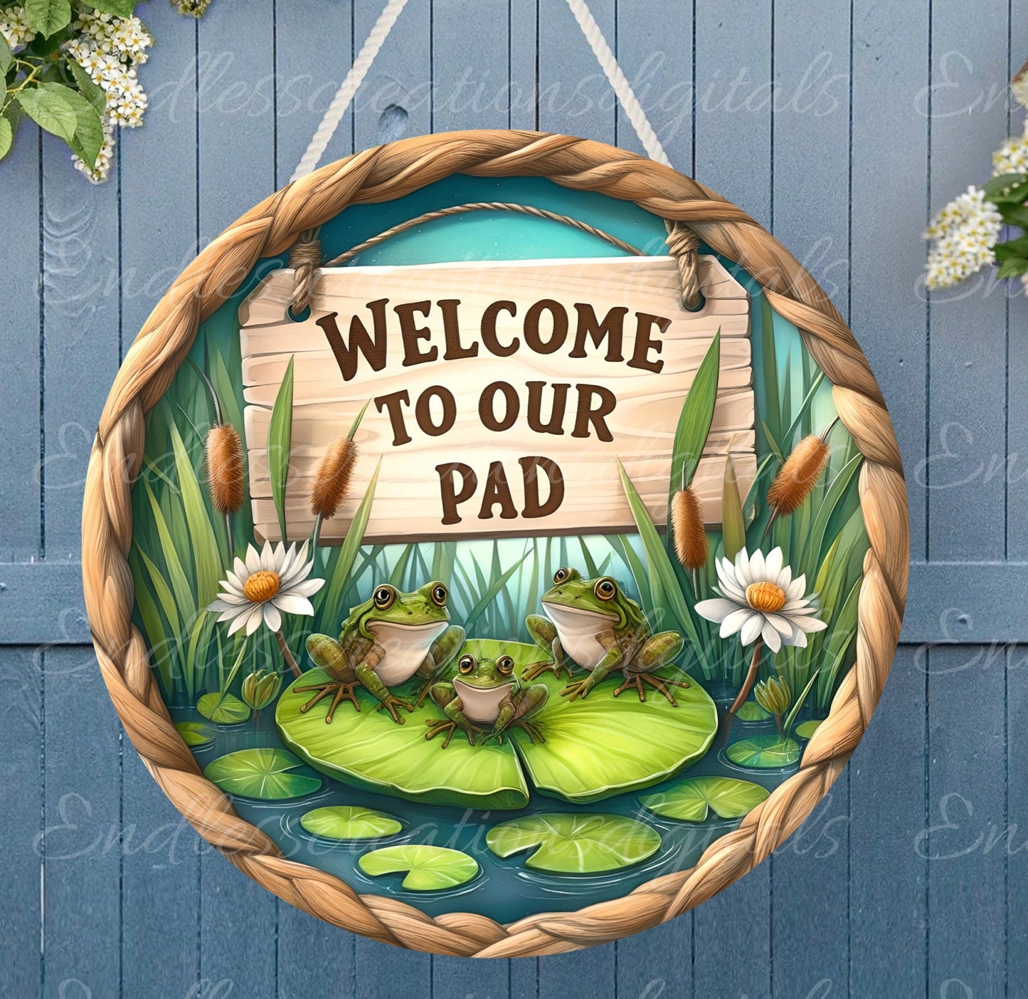 FROG WELCOME PAD hanger, wreath sign png, round cutting board for sublimation high resolution,