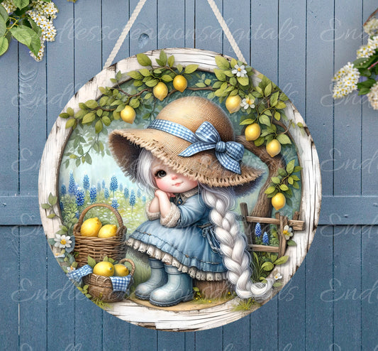 LEMON GIRL BASKET door hanger, wreath sign png, round cutting board for sublimation high resolution