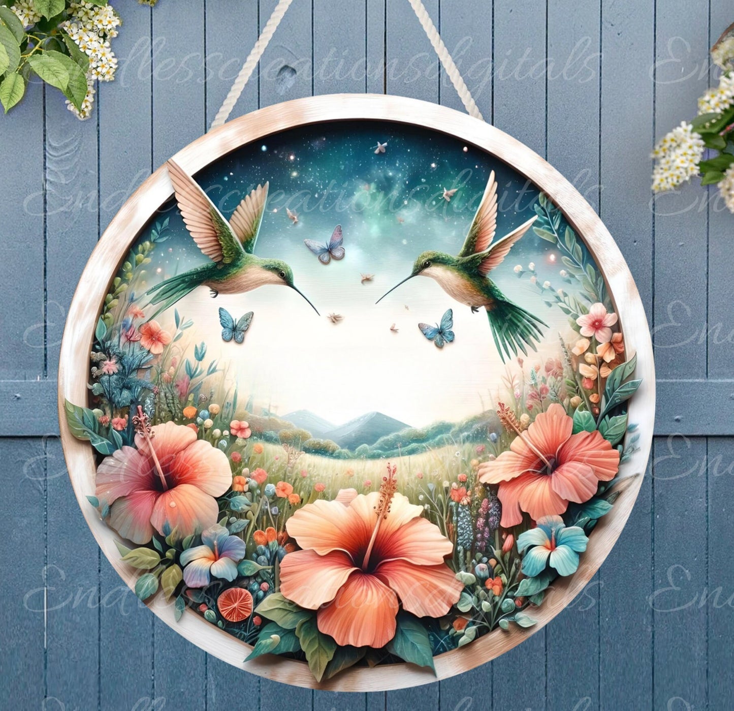 HUMMINGBIRDSDOOR HANGER, wreath sign png, for sublimation high resolution 2 round png 300dpi, 1 blank for your own text
