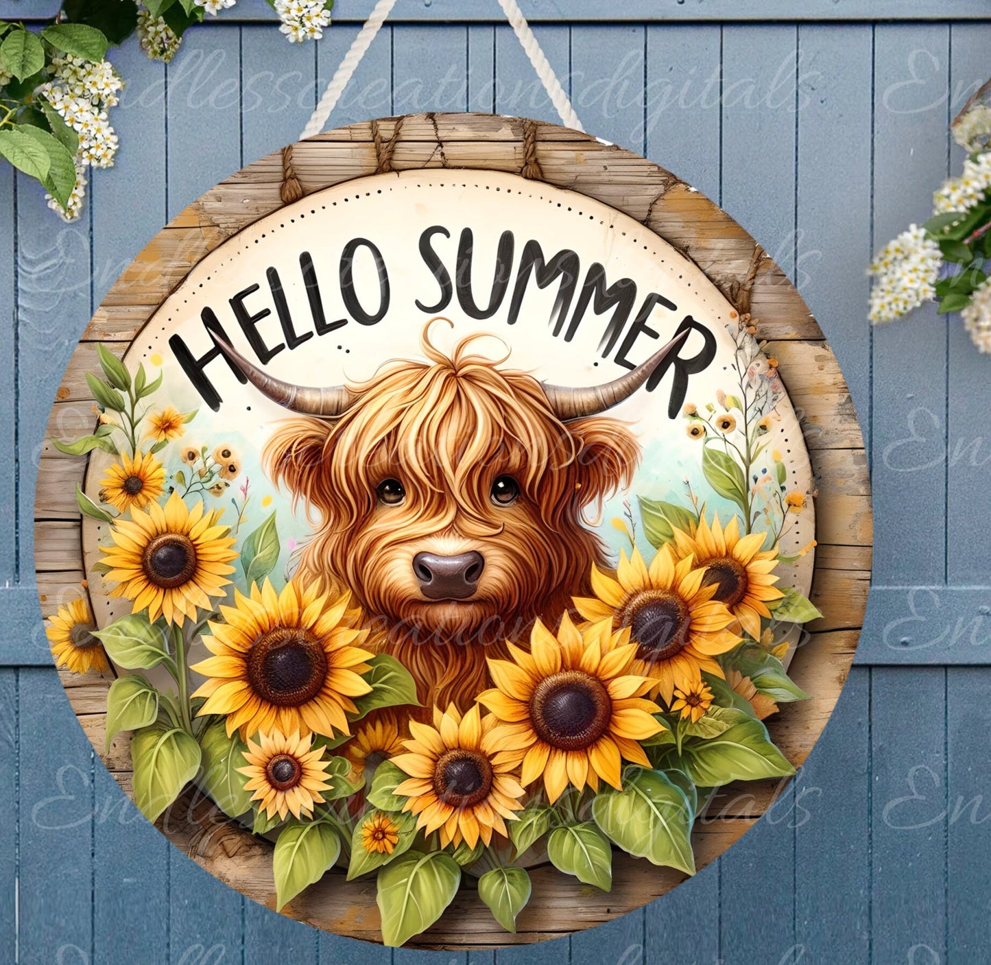 HIGHLAND COW SUMMER DOOR hanger, wreath sign, png, for sublimation high resolution,