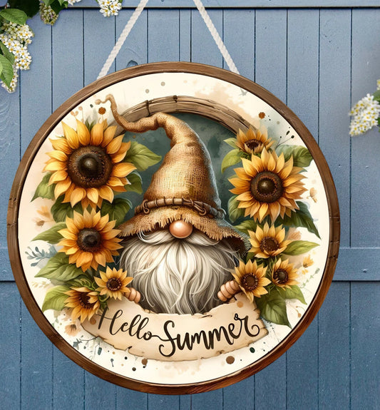 HELLO SUMMER GNOME door hanger, wreath sign, png, for sublimation high resolution, 2 files, 1 add your own text