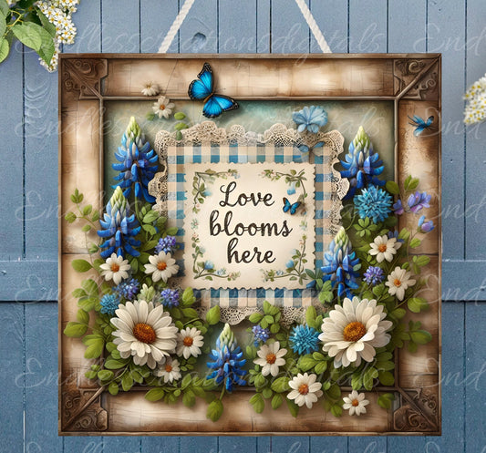 LOVE BLOOMS SQUARE door hanger, wreath sign png, square cutting board for sublimation high resolution, 2 files for download 1 add your text