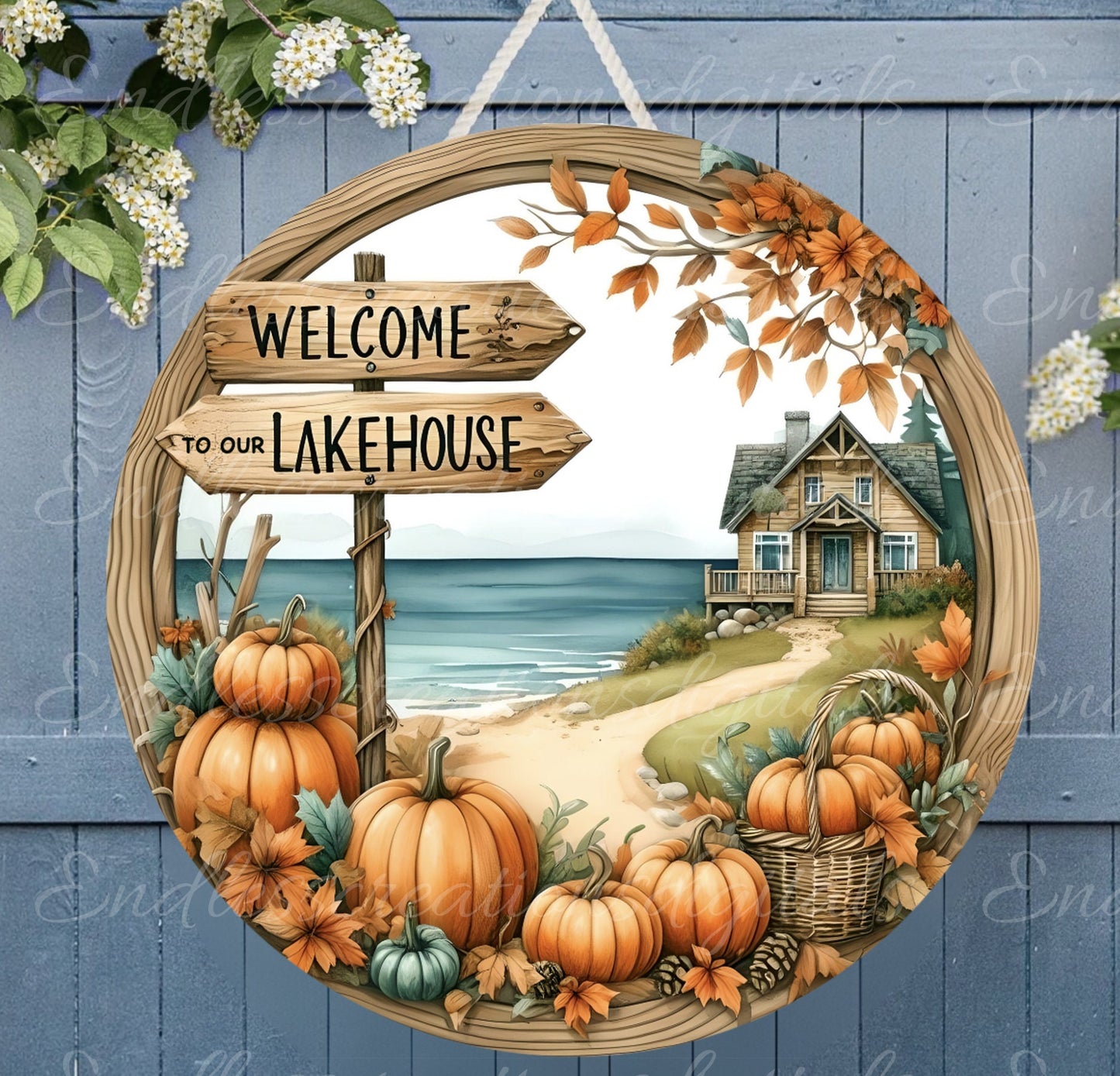 FALL LAKEHOUSE DOOR hanger, wreath sign, round cutting board png, for sublimation high resolution 2 files for download, 1 add your own text
